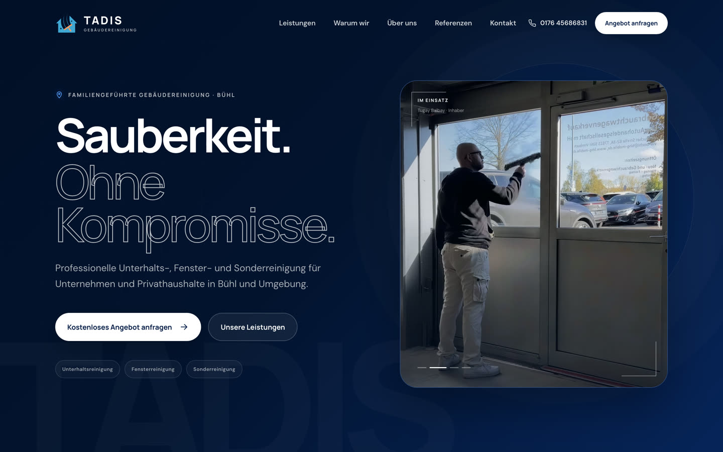 Startseite der von Short Media gebauten Website für Tadis Gebäudereinigung aus Bühl